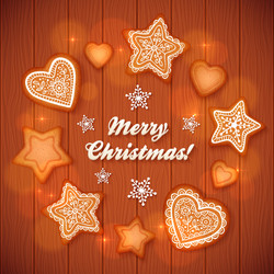 christmas gingerbread stars and hearts greeting vector