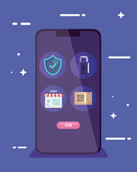 shield padlock store and qr code inside smartphone vector image