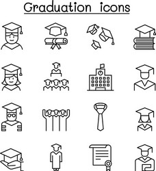 graduation and commencement icon set in thin line vector