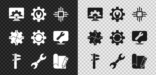 set computer monitor and gear wrench spanner vector image