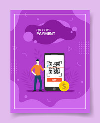 Qr code payment man stand near big smartphone vector