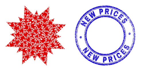 Blue scratched new prices seal and multi pointed vector