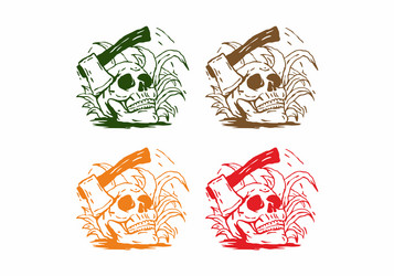 four color variation skull head and ax line vector