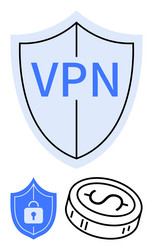 vpn security shield with lock and currency coin vector image