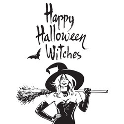 Beautiful sexy witch holding broomstick happy vector