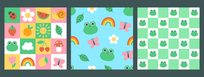 Set of seamless summer patterns with frogs image vector