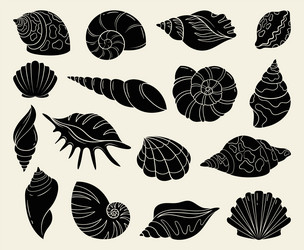 Sea shells seashell silhouettes set Royalty Free Vector