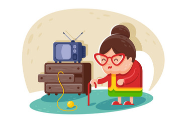 Flat cute old lady with glasses and cane near tv vector