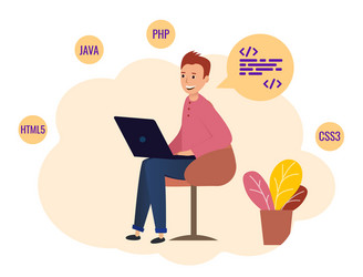 programmer sitting with laptop and working vector image