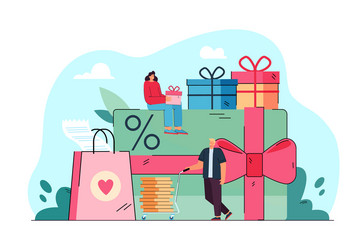 tiny people with promotion gifts and card vector