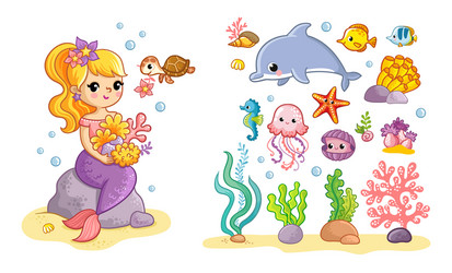 Mermaid and Sea Creature Set Vector Image