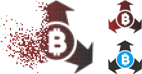 dissolved pixel halftone bitcoin spend arrows icon vector image