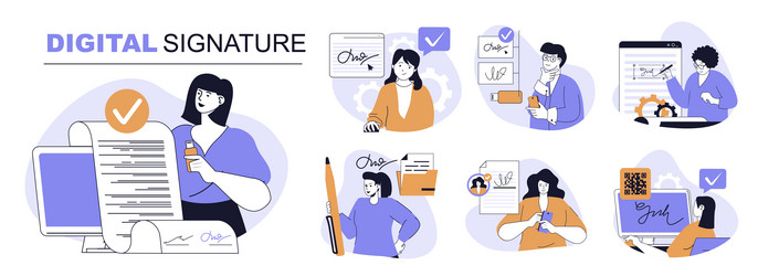 digital signature concept set in flat web design vector image