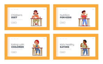 Kids eat food landing page template set little vector