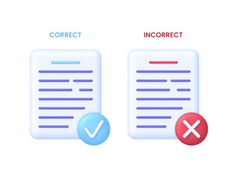 3d document icons set with check and cross marks vector