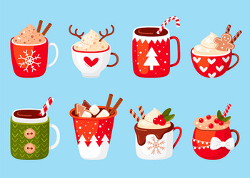 Christmas hot drinks festive icon set vector