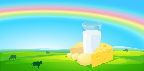 Milk products with rainbow natural background vector