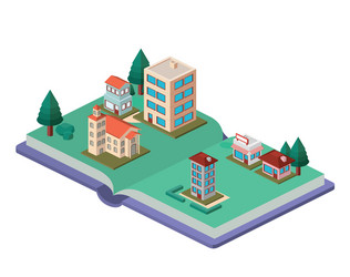 Building and trees isometric scene on book vector