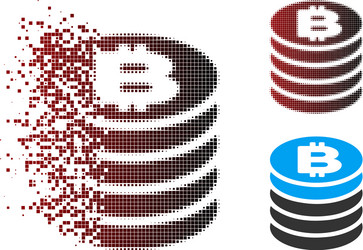 Decomposed pixel halftone bitcoin coin stack icon vector