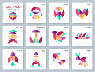 tangram puzzle set with various objects vector image