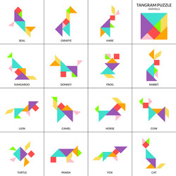 tangram puzzle set with various animals vector