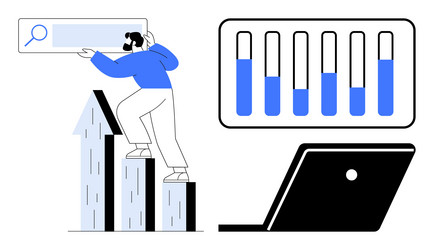 man climbing bar graph searching for data laptop vector image