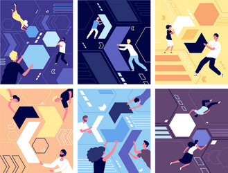 collecting geometric shapes people shaping vector