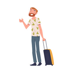 smiling bearded man character with suitcase vector