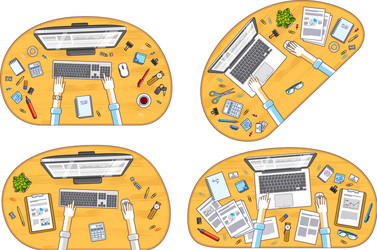 work desks workspaces top view with hands vector image