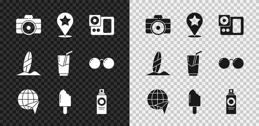 set photo camera map pointer with star globe vector image