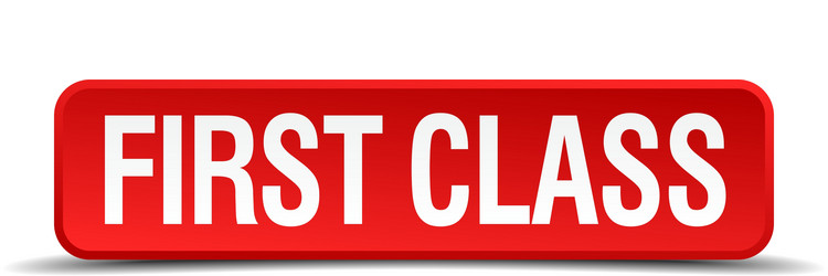first class red 3d square button isolated on white vector image