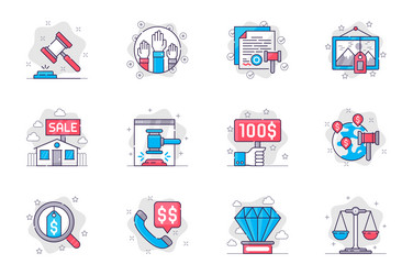 auction concept flat line icons set vector