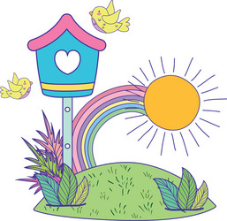 cute and little birds flying around birdhouse vector