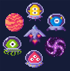 Pixel Space Game Icons - Aliens & Spaceships vector image