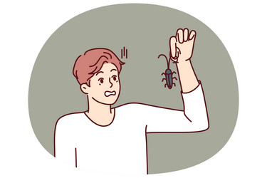man with bug in hand looks at insect and gets vector image