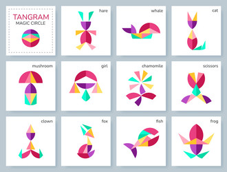 tangram puzzle set with various objects vector image