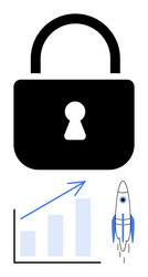 padlock with growth chart and rocket representing vector image
