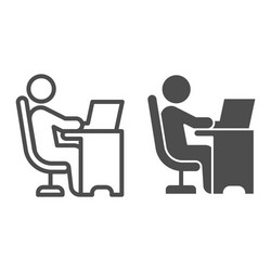 Man in chair at table with laptop line and solid vector