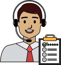 Call center agent with headset and checklist vector