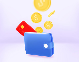 Wallet with credit card and coins 3d concept vector