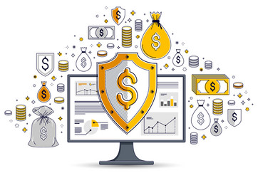 shield over computer monitor and dollar set vector image
