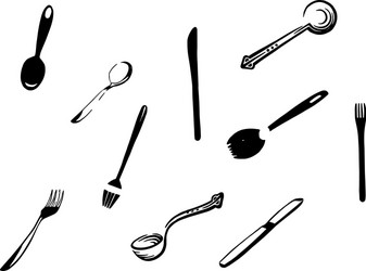 Set cutlery icon silhouette spoon fork knife vector