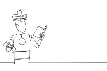 continuous one line drawing robot reading book vector