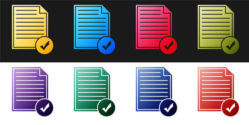 Set document and check mark icon isolated on black vector