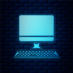 Glowing neon computer monitor with keyboard icon vector