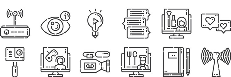 12 set linear videoblogger icons thin outline vector