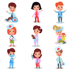 Cute little kids playing doctor set boys vector