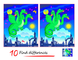 Find 10 differences of fairy three-headed green vector