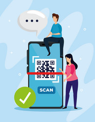 Scan code qr with smartphone and business couple vector