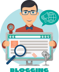 flat composition with male blogger and computer vector image